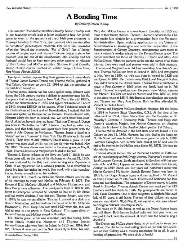 Page 1 of article: " A Bonding Time", from Volume V08 of the New York Irish History Roundtable Journal