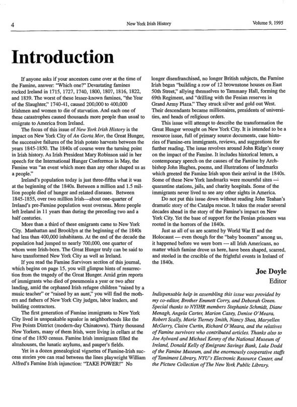 Page 1 of article: " Introduction", from Volume V09 of the New York Irish History Roundtable Journal