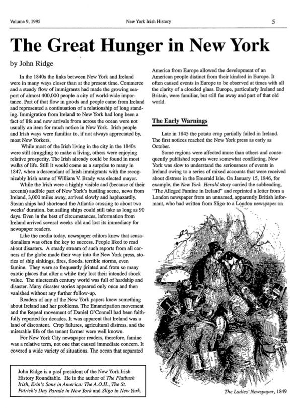 Page 1 of article: " The Great Hunger in New York", from Volume V09 of the New York Irish History Roundtable Journal
