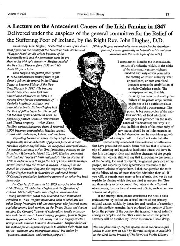 Page 1 of article: " A Lecture on the Antecedent Causes of the Irish Famine in 1847", from Volume V09 of the New York Irish History Roundtable Journal