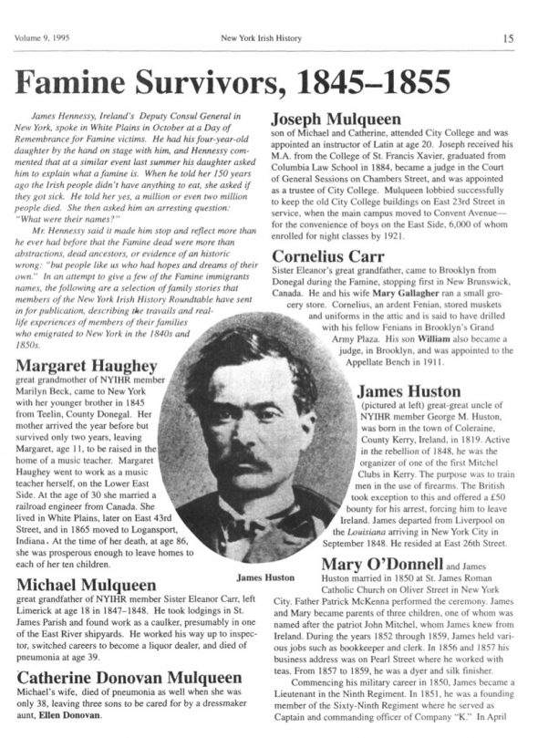 Page 1 of article: " Famine Survivors, 1845-1855", from Volume V09 of the New York Irish History Roundtable Journal