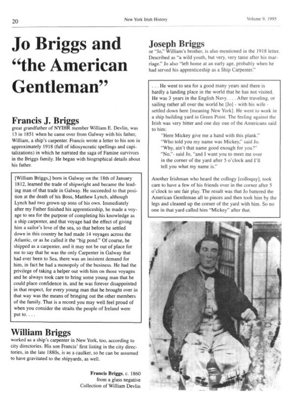 Page 1 of article: " Jo Briggs and the American Gentleman", from Volume V09 of the New York Irish History Roundtable Journal