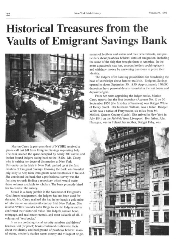 Page 1 of article: " Historical Treasures from the Vaults of Emigrant Savings Bank", from Volume V09 of the New York Irish History Roundtable Journal