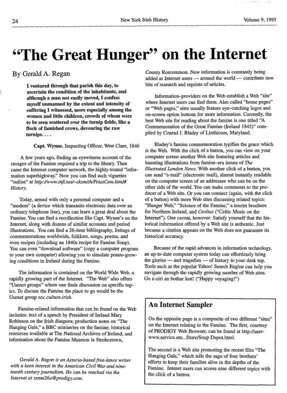 Page 1 of article: " The Great Hunger on the Internet", from Volume V09 of the New York Irish History Roundtable Journal