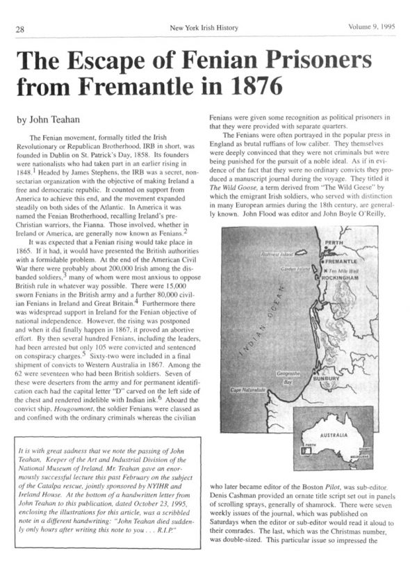 Page 1 of article: " The Escape of Fenian Prisoners from Fremantle in 1876", from Volume V09 of the New York Irish History Roundtable Journal
