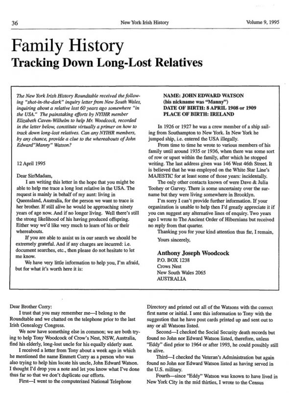 Page 1 of article: " Family History, Tracking Down Long-Lost Relatives", from Volume V09 of the New York Irish History Roundtable Journal