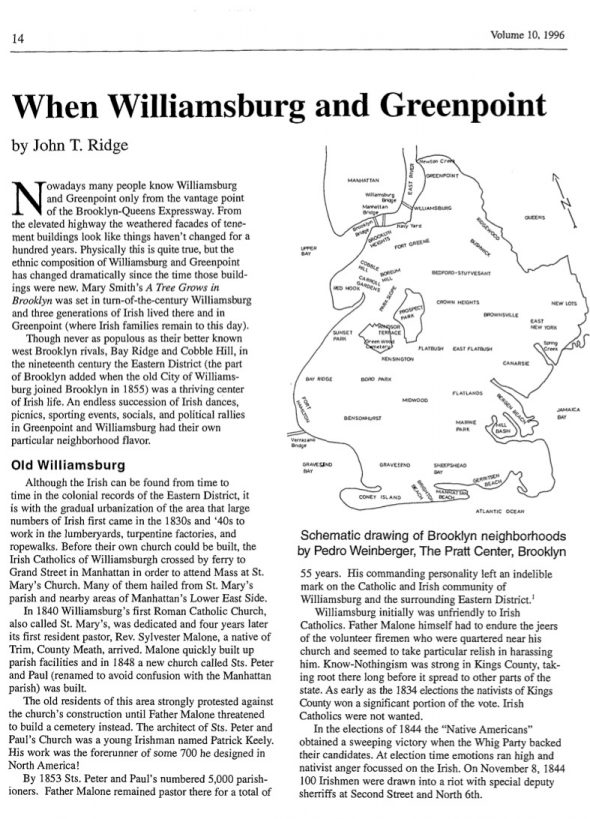 Page 1 of article: " When Williamsburg and Greenpoint were Irish", from Volume V10 of the New York Irish History Roundtable Journal