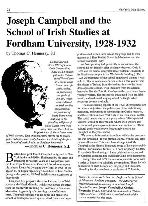 Page 1 of article: " Joseph Campbell and the School of Irish Studies atFordham University, 1928-1932", from Volume V10 of the New York Irish History Roundtable Journal
