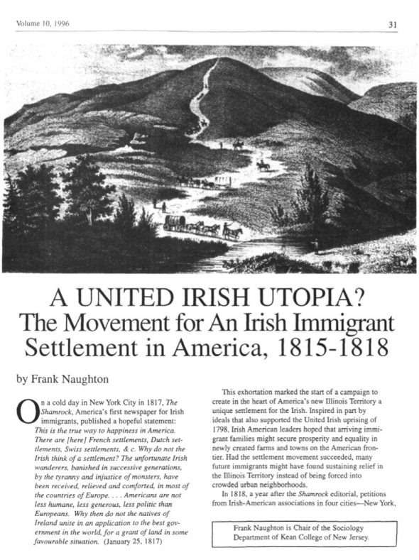 Page 1 of article: " A United Irish Utopia? The Movement For An Irish Immigrant Settlement in America, 1815-1818", from Volume V10 of the New York Irish History Roundtable Journal