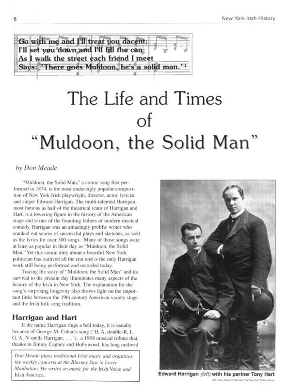 Page 1 of article: " The Life and Times of Muldoon, the Solid Man", from Volume V11 of the New York Irish History Roundtable Journal