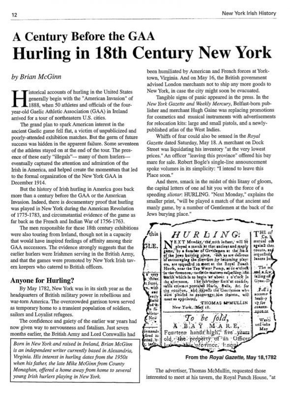Page 1 of article: " A Century Before the GAA - Hurling in 18th Century New York", from Volume V11 of the New York Irish History Roundtable Journal