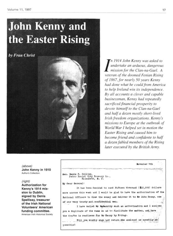 Page 1 of article: " John Kenny and the Easter Rising", from Volume V11 of the New York Irish History Roundtable Journal