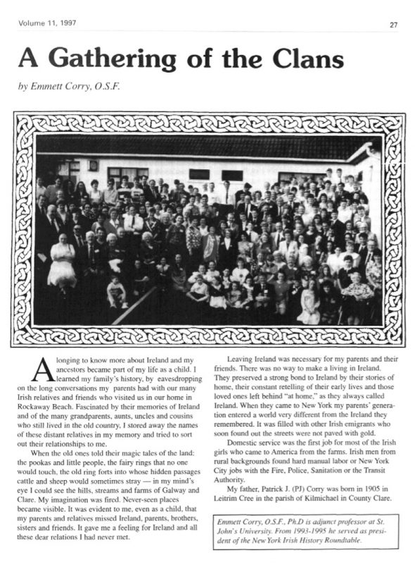 Page 1 of article: " A Gathering of the Clans", from Volume V11 of the New York Irish History Roundtable Journal