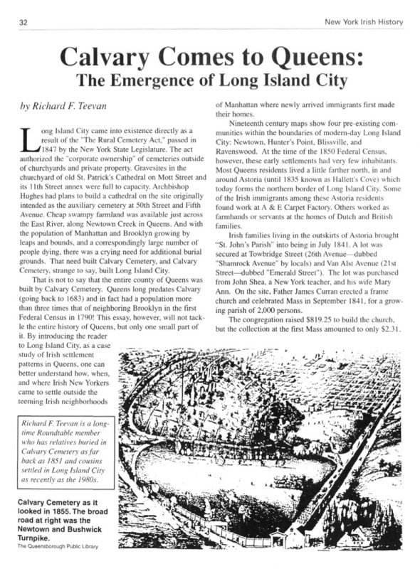 Page 1 of article: " Calvary Comes to Queens - The Emergence of Long Island City", from Volume V11 of the New York Irish History Roundtable Journal