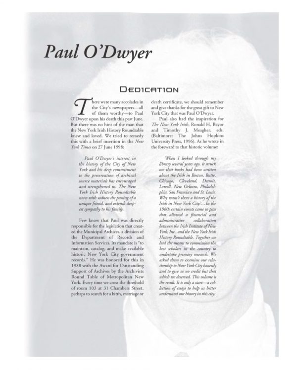 Page 1 of article: " Paul ODwyer", from Volume V12 of the New York Irish History Roundtable Journal