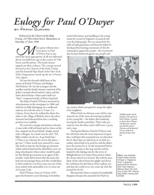 Page 1 of article: " Eulogy for Paul ODwyer", from Volume V12 of the New York Irish History Roundtable Journal
