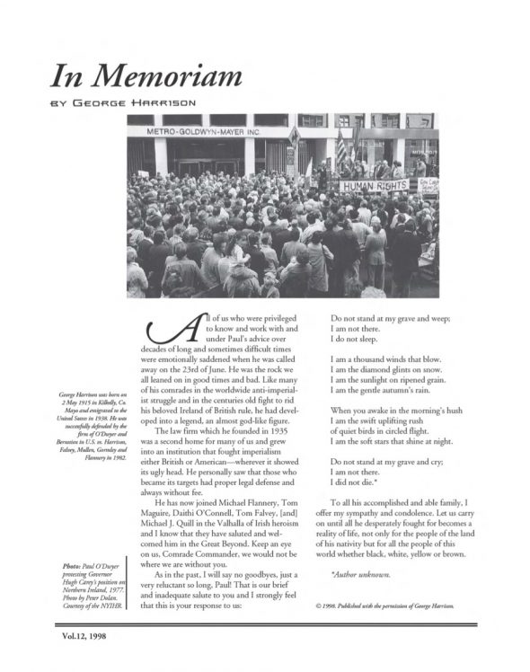 Page 1 of article: " In Memoriam", from Volume V12 of the New York Irish History Roundtable Journal