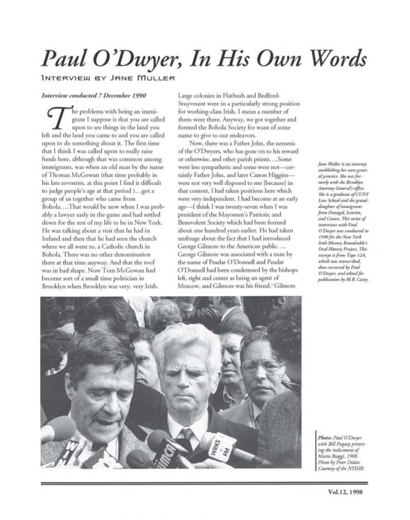 Page 1 of article: " Paul ODwyer, In His Own Words", from Volume V12 of the New York Irish History Roundtable Journal