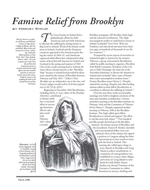 Page 1 of article: " Famine Relief from Brooklyn", from Volume V12 of the New York Irish History Roundtable Journal