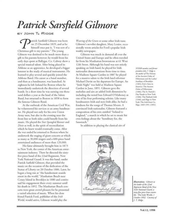 Page 1 of article: " Patrick Sarsfield Gilmore", from Volume V12 of the New York Irish History Roundtable Journal