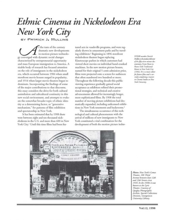 Page 1 of article: " Ethnic Cinema in Nickelodeon Era New York City", from Volume V12 of the New York Irish History Roundtable Journal