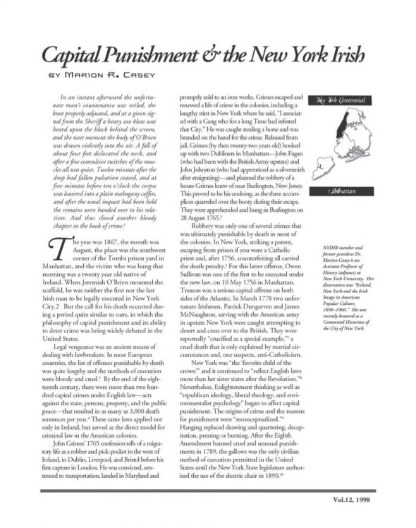 Page 1 of article: " Capital Punishment & the New York Irish", from Volume V12 of the New York Irish History Roundtable Journal