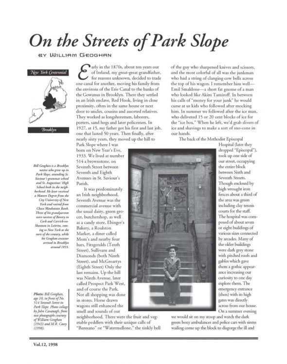 Page 1 of article: " On the Streets of Park Slope", from Volume V12 of the New York Irish History Roundtable Journal