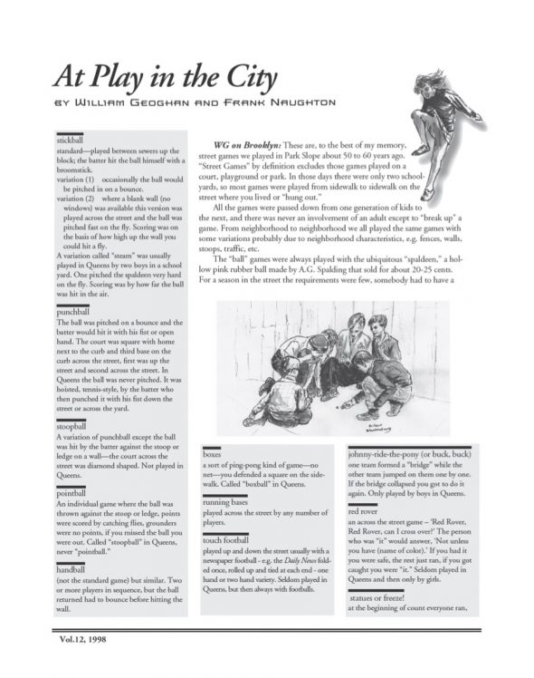 Page 1 of article: " At Play in the City", from Volume V12 of the New York Irish History Roundtable Journal
