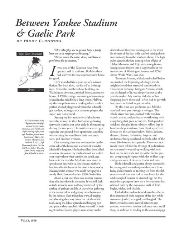 Page 1 of article: " Between Yankee Stadium & Gaelic Park", from Volume V12 of the New York Irish History Roundtable Journal