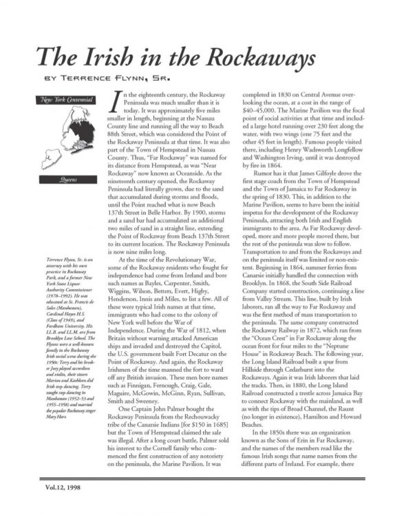 Page 1 of article: " The Irish in the Rockaways", from Volume V12 of the New York Irish History Roundtable Journal