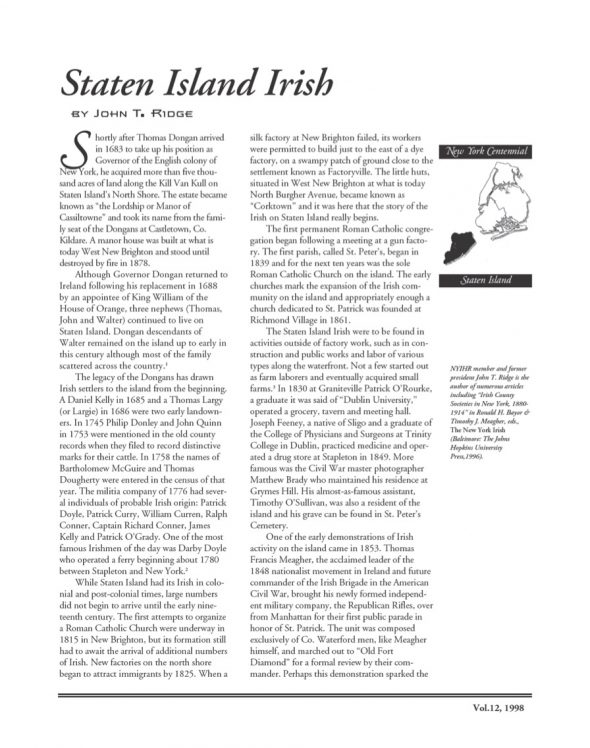 Page 1 of article: " Staten Island Irish", from Volume V12 of the New York Irish History Roundtable Journal