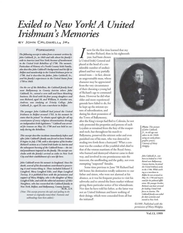 Page 1 of article: " Exiled to New York! A United Irishmans Memories", from Volume V13 of the New York Irish History Roundtable Journal