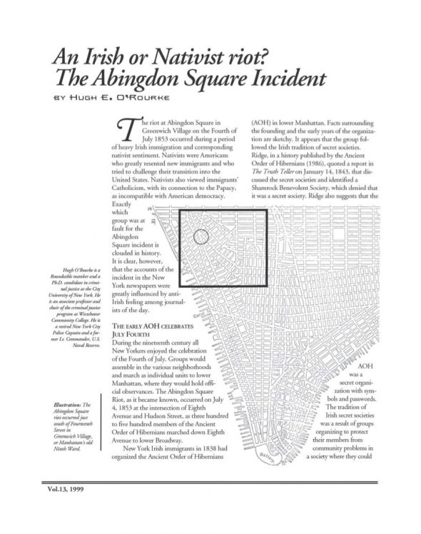 Page 1 of article: " An Irish or Nativist riot? The Abingdon Square Incident", from Volume V13 of the New York Irish History Roundtable Journal
