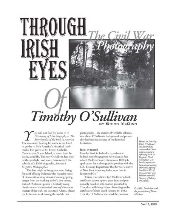 Page 1 of article: " Through Irish Eyes - Civil War Photography", from Volume V13 of the New York Irish History Roundtable Journal