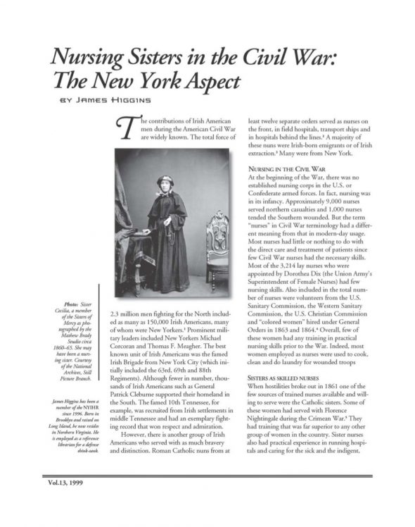 Page 1 of article: " Nursing Sisters in the Civil War - The New York Aspect", from Volume V13 of the New York Irish History Roundtable Journal