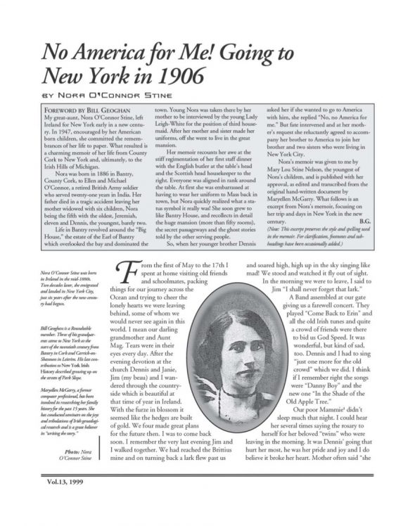 Page 1 of article: " No America for Me! Going to New York in 1906", from Volume V13 of the New York Irish History Roundtable Journal