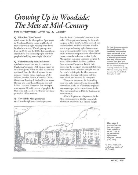 Page 1 of article: " Growing Up in Woodside - The Mets at Mid-Century", from Volume V13 of the New York Irish History Roundtable Journal