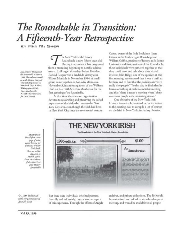 Page 1 of article: " The Roundtable in Transition - A Fifteenth-Year Retrospective", from Volume V13 of the New York Irish History Roundtable Journal
