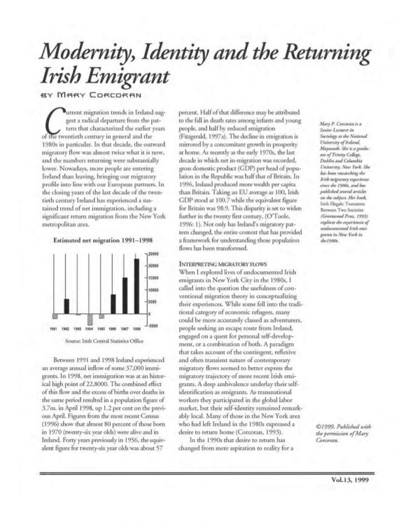 Page 1 of article: " Modernity, Identity and the Returning Irish Emigrant", from Volume V13 of the New York Irish History Roundtable Journal