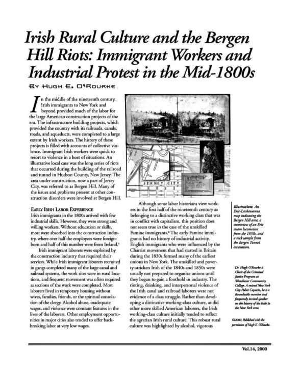 Page 1 of article: " Irish Rural Culture and the Bergen Hill Riots - Immigrant Workers and Industrial Protest in the Mid-1800s ", from Volume V14 of the New York Irish History Roundtable Journal