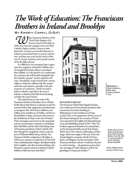 Page 1 of article: " The Work of Education - The Franciscan Brothers in Ireland and Brooklyn", from Volume V14 of the New York Irish History Roundtable Journal