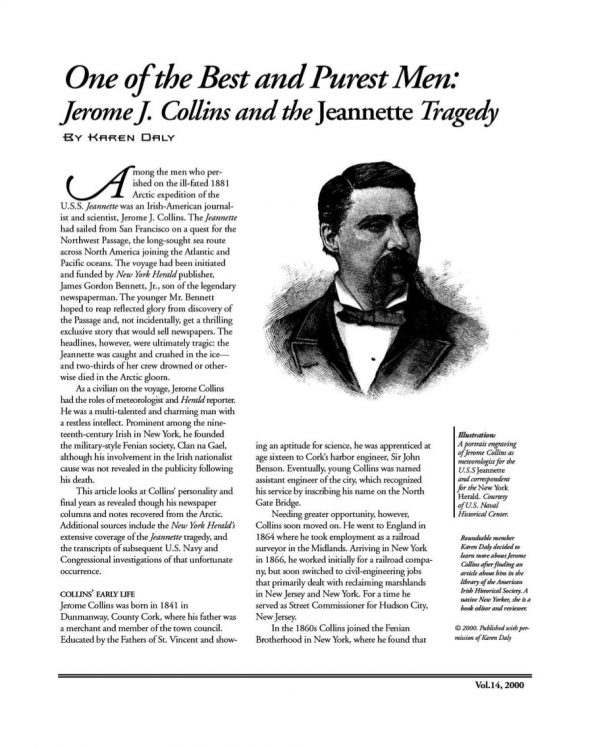 Page 1 of article: " One of the Best and Purest Men - Jerome J. Collins and the Jeannette Tragedy", from Volume V14 of the New York Irish History Roundtable Journal