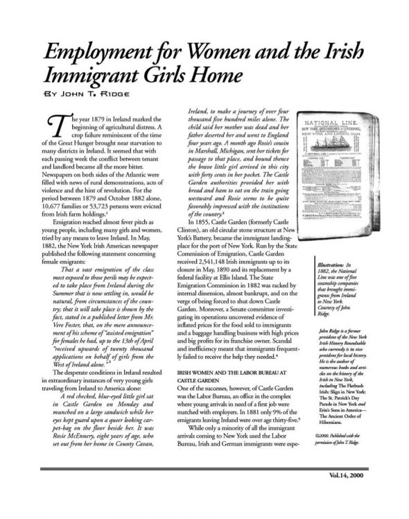 Page 1 of article: " Employment for Women and the Irish Immigrant Girls Home", from Volume V14 of the New York Irish History Roundtable Journal