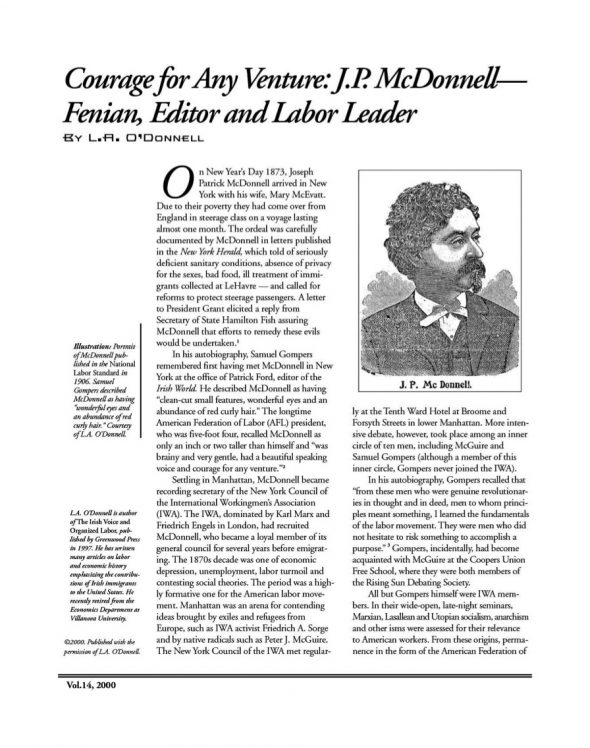 Page 1 of article: " Courage for Any Venture - J.D. McDonnell - Fenian, Editor and Labor Leader", from Volume V14 of the New York Irish History Roundtable Journal