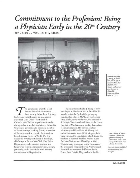 Page 1 of article: " Commitment to the Profession - Being a Physician Early in the 20th Century", from Volume V15 of the New York Irish History Roundtable Journal