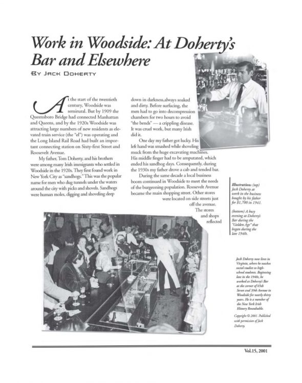 Page 1 of article: " Work in Woodside - At Dohertys Bar and Elsewhere", from Volume V15 of the New York Irish History Roundtable Journal