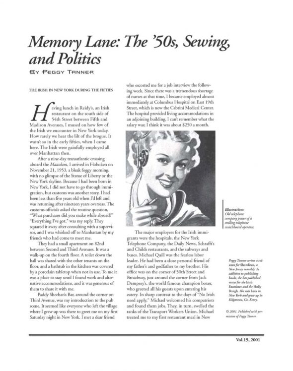 Page 1 of article: " Memory Lane - The 50s, Sewing, and Politics", from Volume V15 of the New York Irish History Roundtable Journal