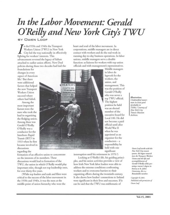 Page 1 of article: " In the Labor Movement - Gerald OReilly and New York Citys TWU", from Volume V15 of the New York Irish History Roundtable Journal