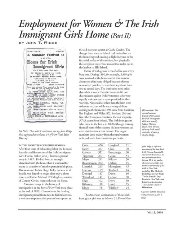 Page 1 of article: " Employment for Women & The Irish Immigrant Girls Home (Part I1)", from Volume V15 of the New York Irish History Roundtable Journal