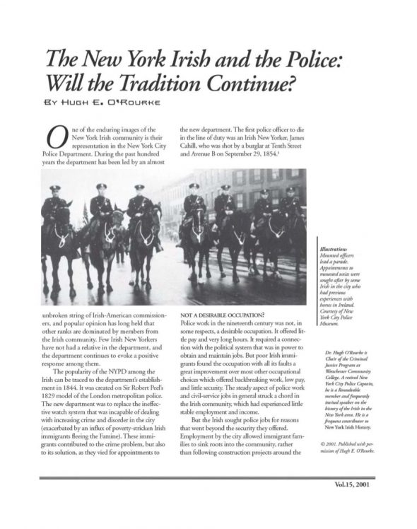 Page 1 of article: " The New York Irish and the Police - Will the Tradition Continue?", from Volume V15 of the New York Irish History Roundtable Journal